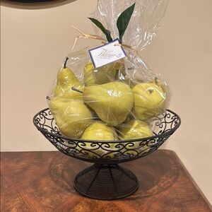 NWT Decorative Faux Pears in Black Wire Basket